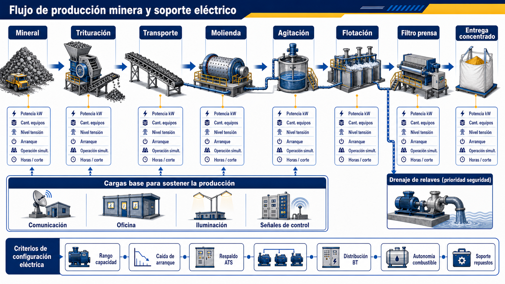 Diagrama lógico del flujo de producción minera y soporte de ingeniería eléctrica: desde mineral, trituración y cribado, transporte, molienda, agitación con reactivos, flotación y filtro prensa hasta la entrega de concentrado de oro, con cargas base, drenaje de relaves y criterios de configuración eléctrica.